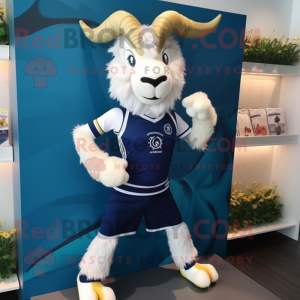 Navy Angora Goat mascot costume character dressed with a Running Shorts and Brooches