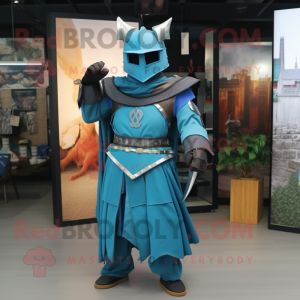 Teal Medieval Knight mascot costume character dressed with a Maxi Skirt and Belts