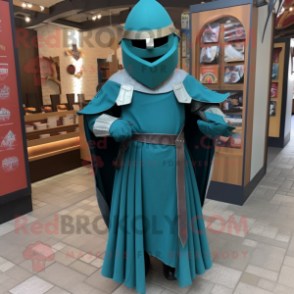 Teal Medieval Knight mascot costume character dressed with a Maxi Skirt and Belts