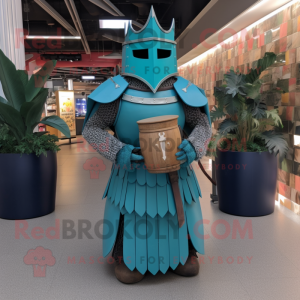 Teal Medieval Knight mascot costume character dressed with a Maxi Skirt and Belts