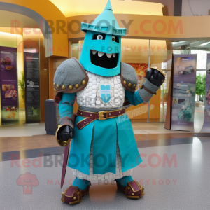 Teal Medieval Knight mascot costume character dressed with a Maxi Skirt and Belts