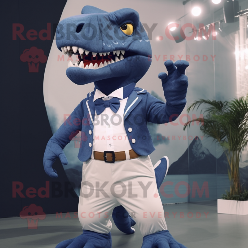 Navy Tyrannosaurus mascot costume character dressed with a Dress Shirt and Bow ties