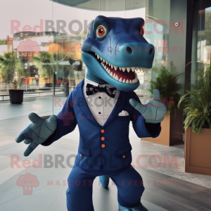 Navy Tyrannosaurus mascot costume character dressed with a Dress Shirt and Bow ties
