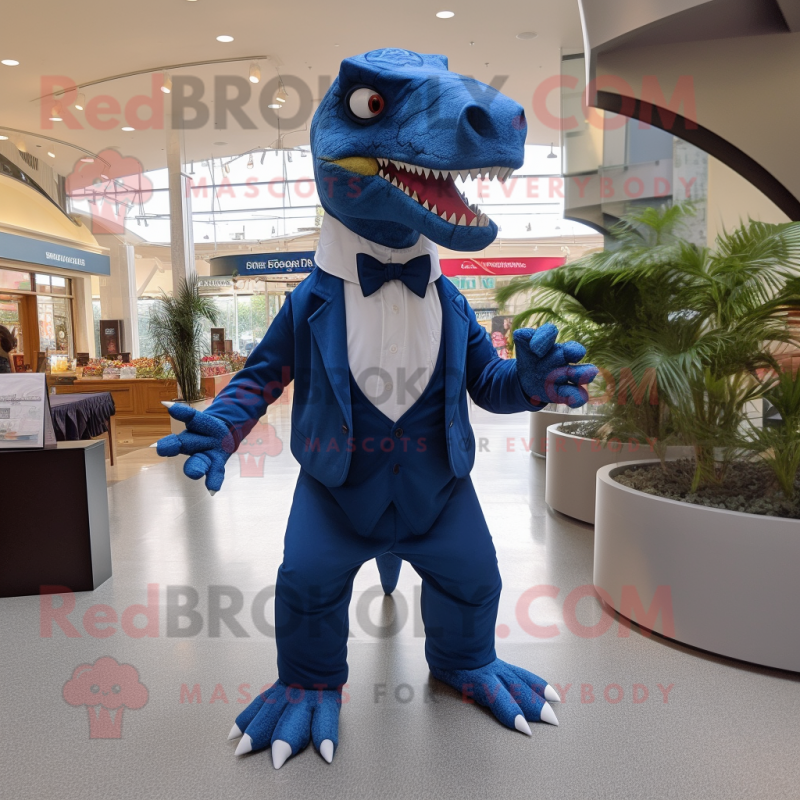 Navy Tyrannosaurus mascot costume character dressed with a Dress Shirt and Bow ties