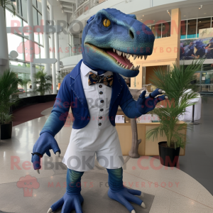 Navy Tyrannosaurus mascot costume character dressed with a Dress Shirt and Bow ties