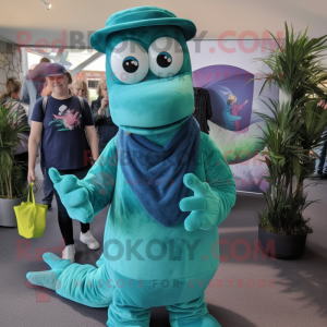 Teal Loch Ness Monster mascot costume character dressed with a Mom Jeans and Pocket squares