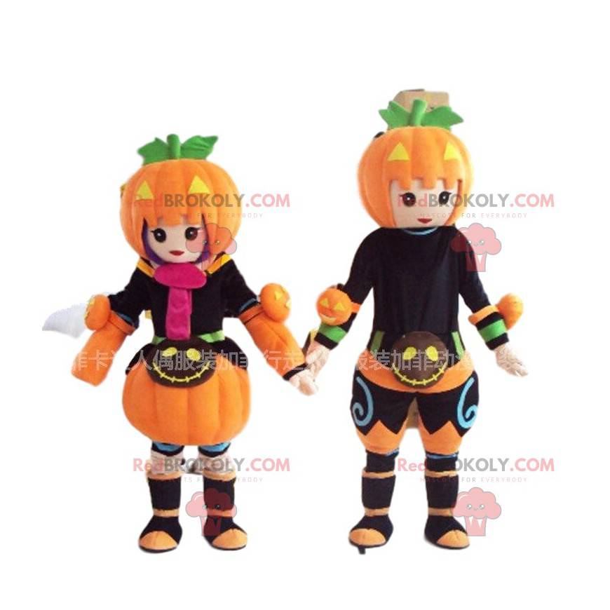 2 mascottes de personnages d'Halloween, costumes de citrouilles