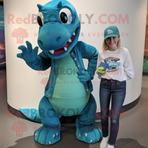 Teal Loch Ness Monster mascot costume character dressed with a Mom Jeans and Pocket squares