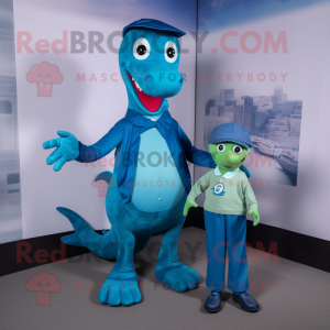 Teal Loch Ness Monster mascot costume character dressed with a Mom Jeans and Pocket squares