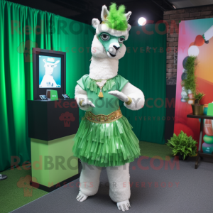 Green Llama mascot costume character dressed with a Mini Skirt and Earrings