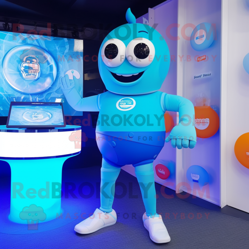 Sky Blue Gyro mascot costume character dressed with a Swimwear and Smartwatches