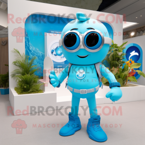 Sky Blue Gyro mascot costume character dressed with a Swimwear and Smartwatches