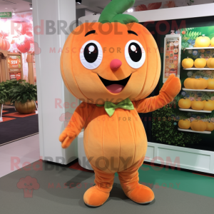 Peach Pumpkin mascot costume character dressed with a Overalls and Hair clips