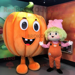 Peach Pumpkin mascot costume character dressed with a Overalls and Hair clips