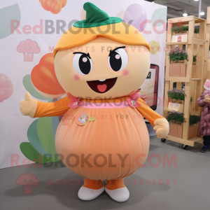 Peach Pumpkin mascot costume character dressed with a Overalls and Hair clips