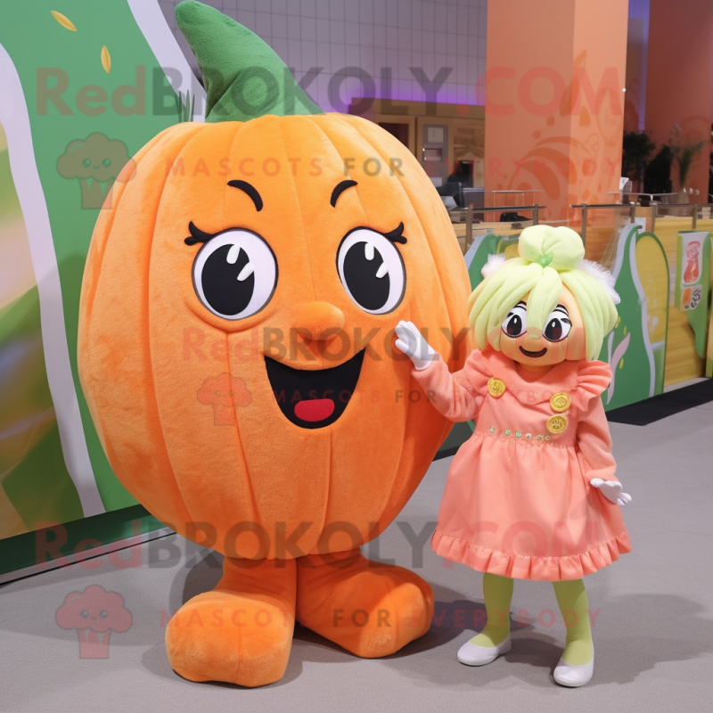 Peach Pumpkin mascot costume character dressed with a Overalls and Hair clips