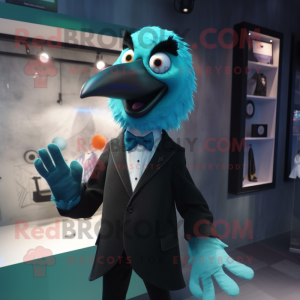 Cyan Crow mascot costume character dressed with a Suit Jacket and Bow ties