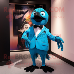 Cyan Crow mascot costume character dressed with a Suit Jacket and Bow ties