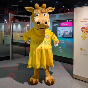 Gold Jersey Cow mascot costume character dressed with a Shift Dress and Wraps