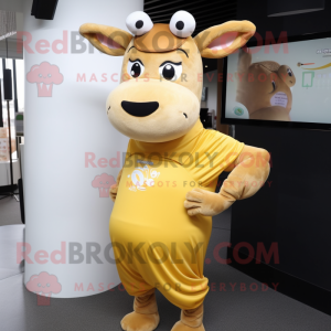 Gold Jersey Cow mascot costume character dressed with a Shift Dress and Wraps