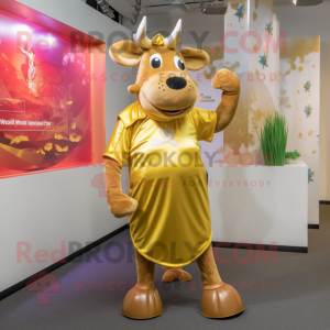 Gold Jersey Cow mascot costume character dressed with a Shift Dress and Wraps