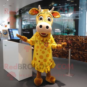 Gold Jersey Cow mascot costume character dressed with a Shift Dress and Wraps