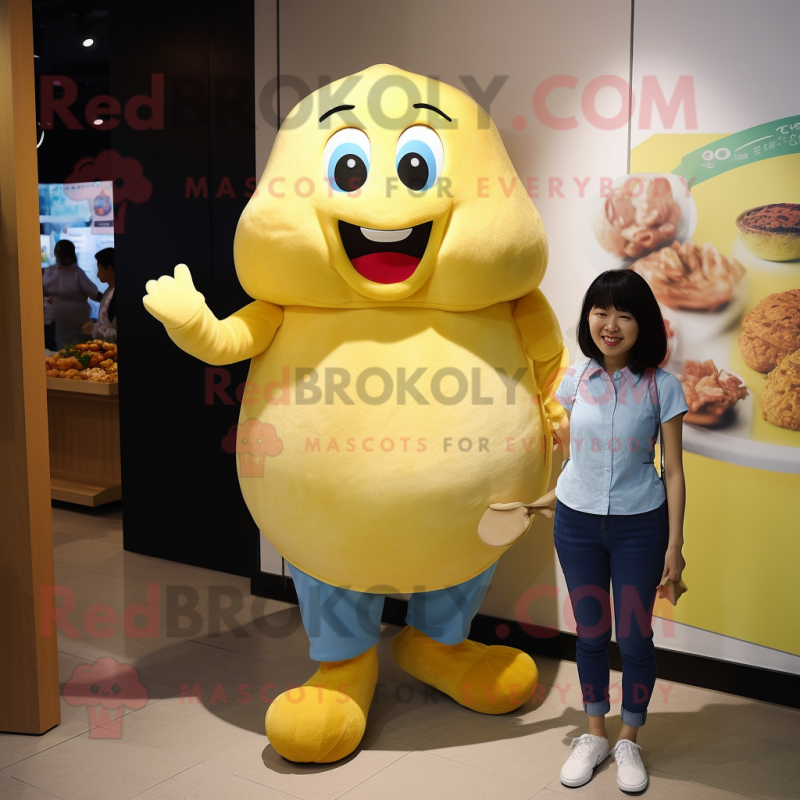 Lemon Yellow Potato mascot costume character dressed with a Mom Jeans and Foot pads