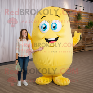 Lemon Yellow Potato mascot costume character dressed with a Mom Jeans and Foot pads