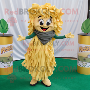 Gold Pesto Pasta mascot costume character dressed with a Wrap Skirt and Lapel pins