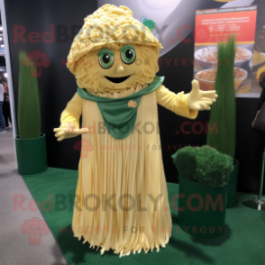 Gold Pesto Pasta mascot costume character dressed with a Wrap Skirt and Lapel pins