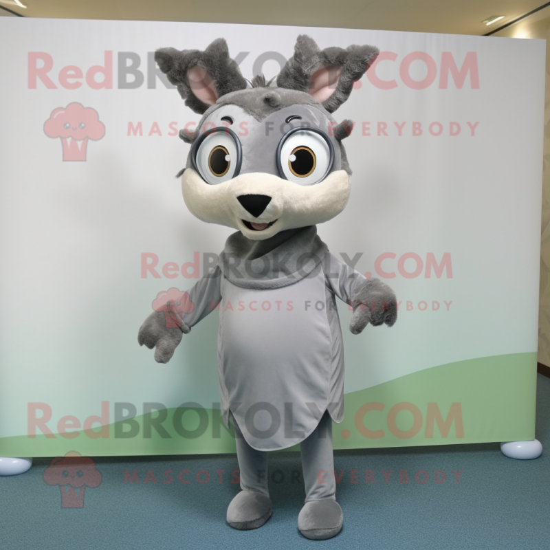 Gray Deer mascot costume character dressed with a Wrap Skirt and Eyeglasses