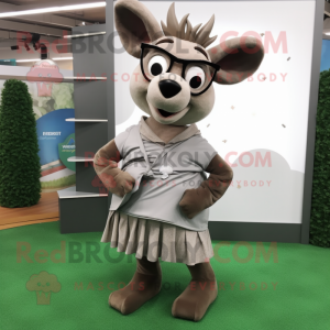 Gray Deer mascot costume character dressed with a Wrap Skirt and Eyeglasses