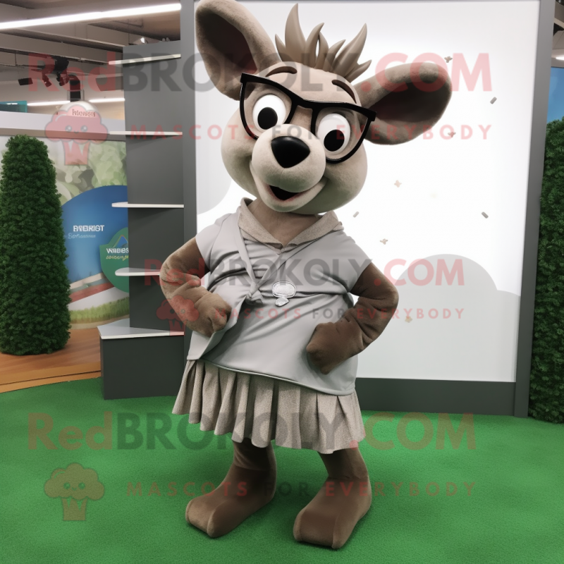 Gray Deer mascot costume character dressed with a Wrap Skirt and Eyeglasses Gray Deer mascot costume character dressed with a Wrap Skirt and Eyeglasses