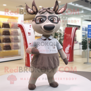 Gray Deer mascot costume character dressed with a Wrap Skirt and Eyeglasses