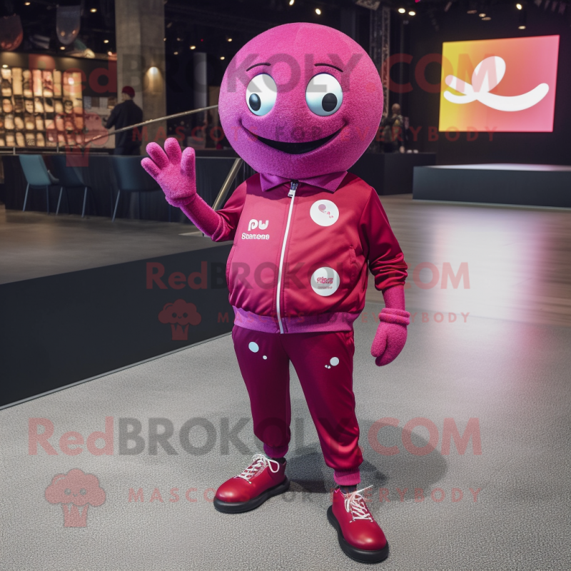Magenta Petanque Ball mascot costume character dressed with a Skinny Jeans and Lapel pins
