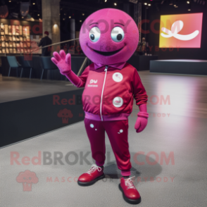 Magenta Petanque Ball mascot costume character dressed with a Skinny Jeans and Lapel pins