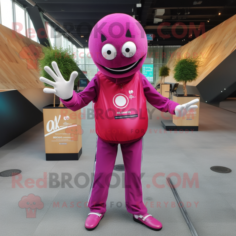 Magenta Petanque Ball mascot costume character dressed with a Skinny Jeans and Lapel pins