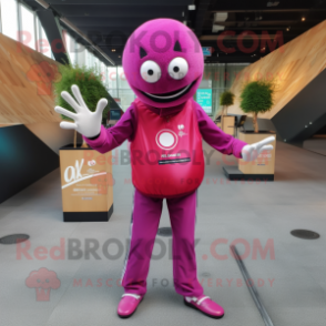 Magenta Petanque Ball mascot costume character dressed with a Skinny Jeans and Lapel pins