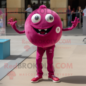 Magenta Petanque Ball mascot costume character dressed with a Skinny Jeans and Lapel pins