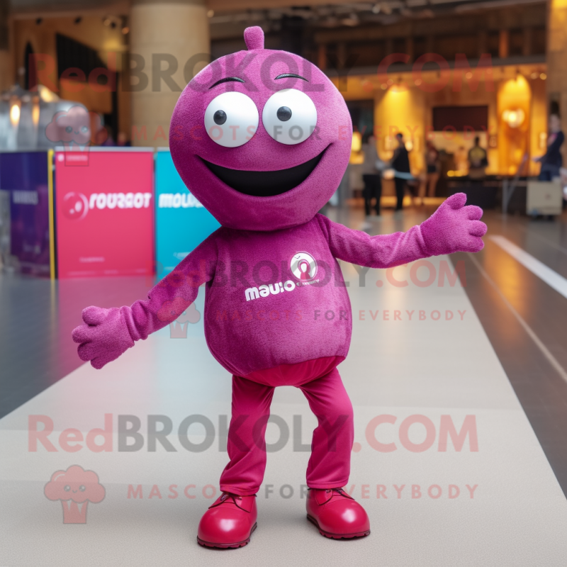Magenta Petanque Ball mascot costume character dressed with a Skinny Jeans and Lapel pins