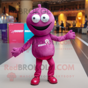 Magenta Petanque Ball mascot costume character dressed with a Skinny Jeans and Lapel pins