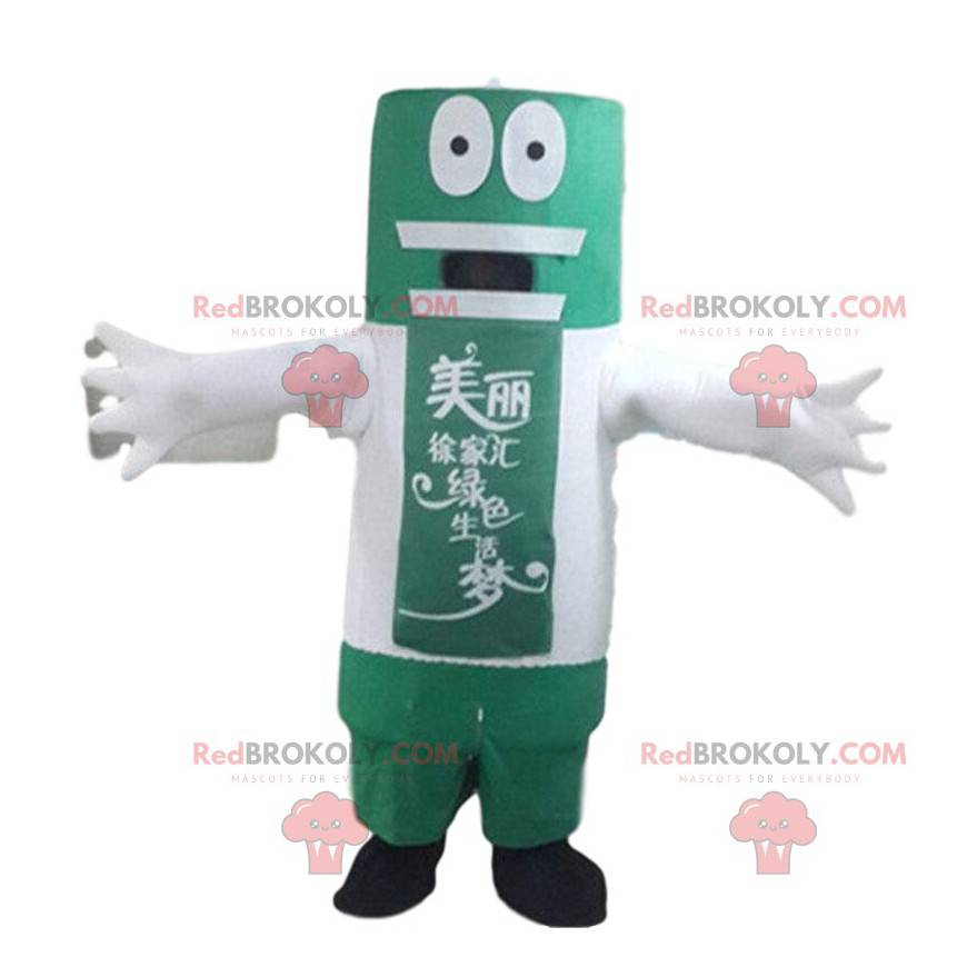 Mascote gigante de bateria verde e branco, fantasia de bateria