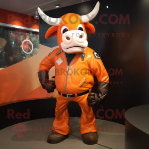 Orange Zebu mascot costume character dressed with a Moto Jacket and Cummerbunds