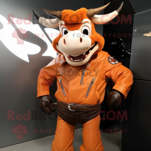 Orange Zebu mascot costume character dressed with a Moto Jacket and Cummerbunds