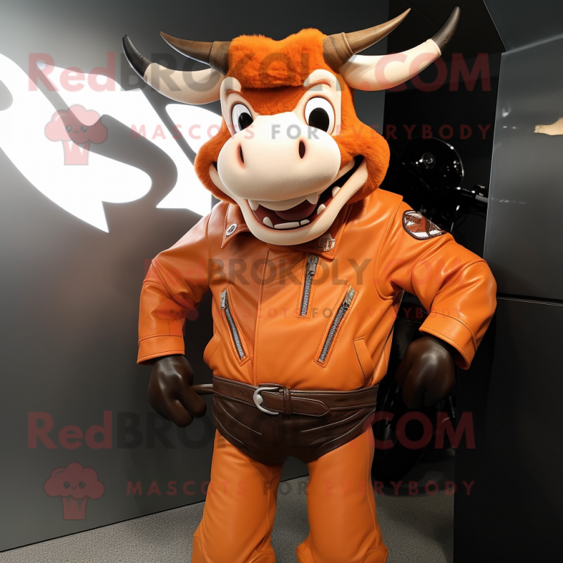 Orange Zebu mascot costume character dressed with a Moto Jacket and Cummerbunds Orange Zebu mascot costume character dressed with a Moto Jacket and Cummerbunds