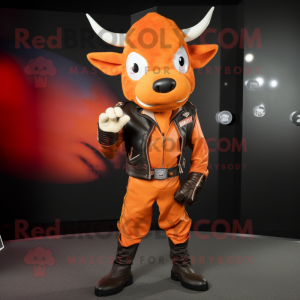 Orange Zebu mascot costume character dressed with a Moto Jacket and Cummerbunds