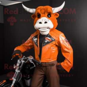 Orange Zebu mascot costume character dressed with a Moto Jacket and Cummerbunds