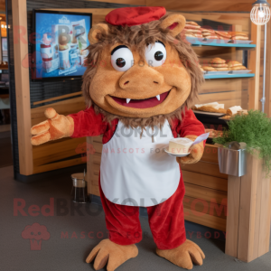 Red Pulled Pork Sandwich mascot costume character dressed with a Chambray Shirt and Keychains