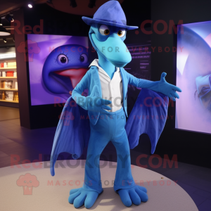 Blue Pterodactyl mascot costume character dressed with a Suit Pants and Beanies