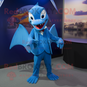 Blue Pterodactyl mascot costume character dressed with a Suit Pants and Beanies